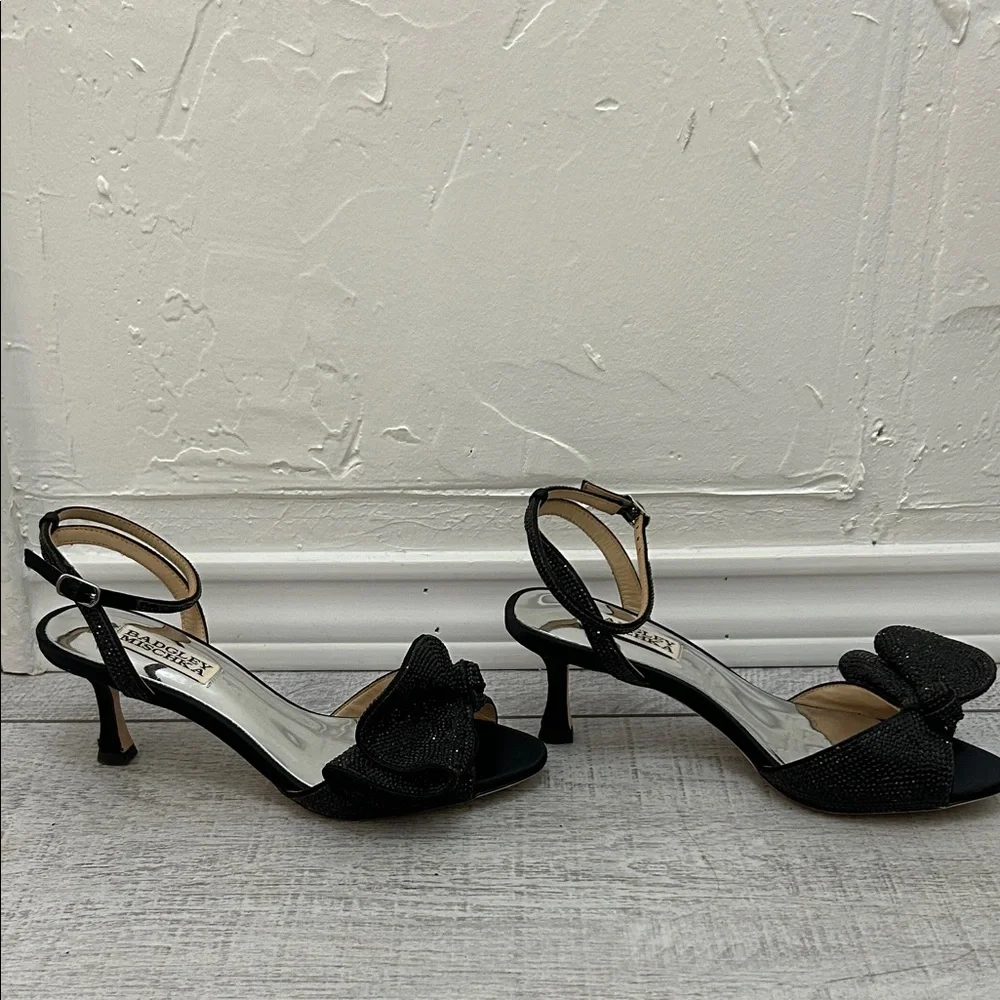 Badgley Mischka Black Sequin Bow Ankle Strap Heels